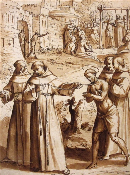 Saint Francis Doing Penance and Saint Francis Helping to Rebuild the Church of San Damiano: A Pair by Italian School, 16th Century, 16th/17th century