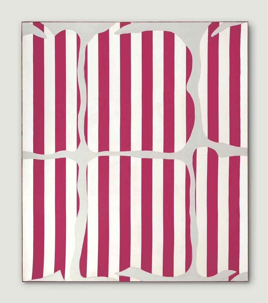 Artwork by Daniel Buren, Peinture aux Formes Variables, Made of paint on cotton cloth woven with red and white stripes