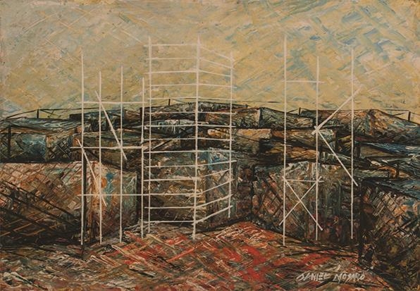 Artwork by Daniel Mosako, Settlement, Made of oil on board
