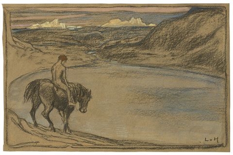 Young Boy on a Horse, at a Mountain Lake