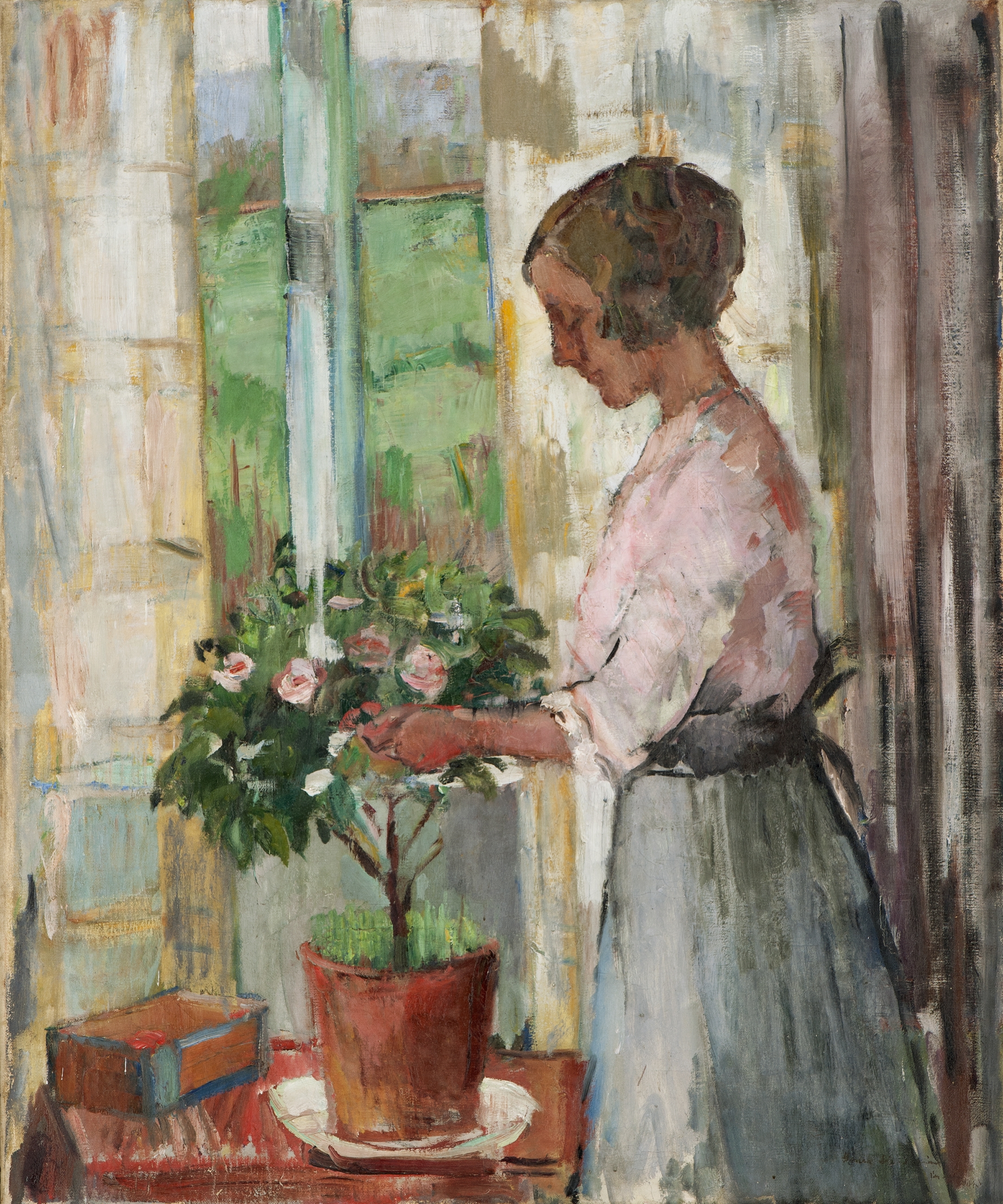 Artwork by Henrik Lund, Gunbjør steller blomster, Made of Oil on canvas