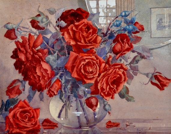 A watercolor still life of red roses in a glass vase.