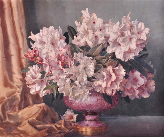 A still life painting featuring a vibrant bouquet of pink flowers in a textured vase.