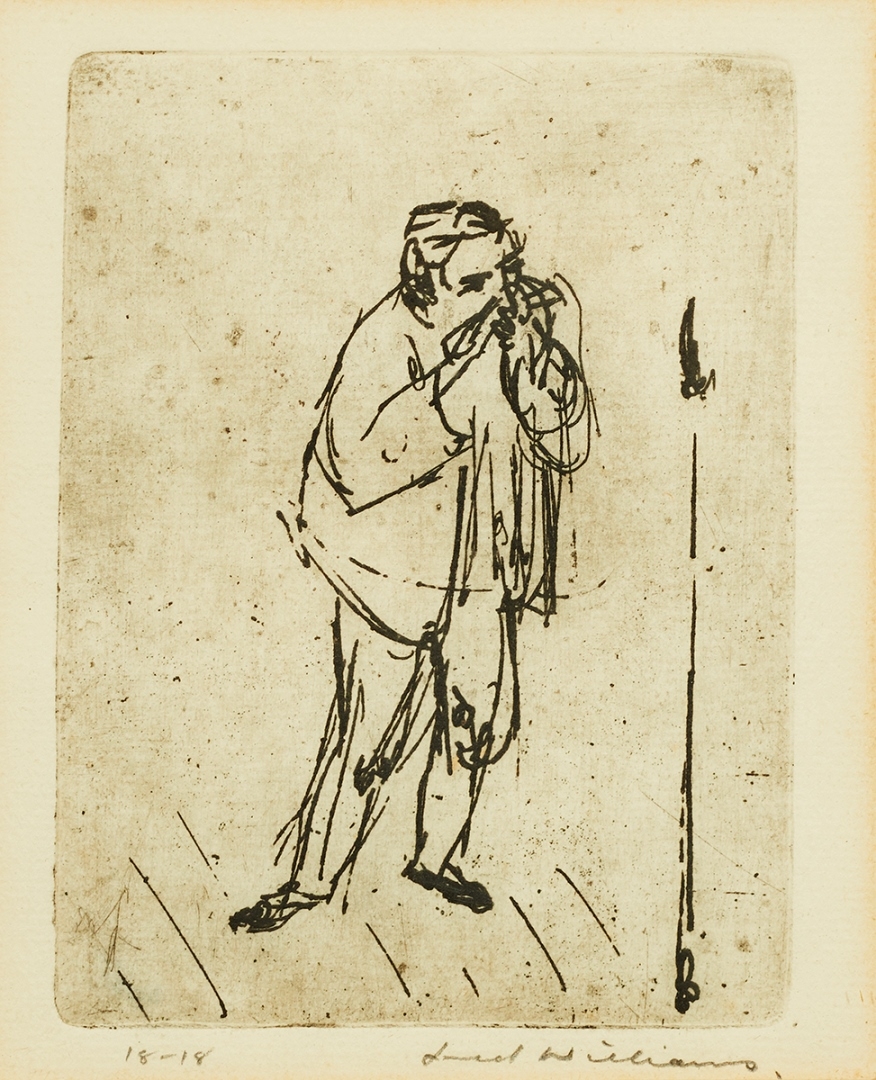 Artwork by Fred Williams, Harmonica Player With Microphone, Made of etching