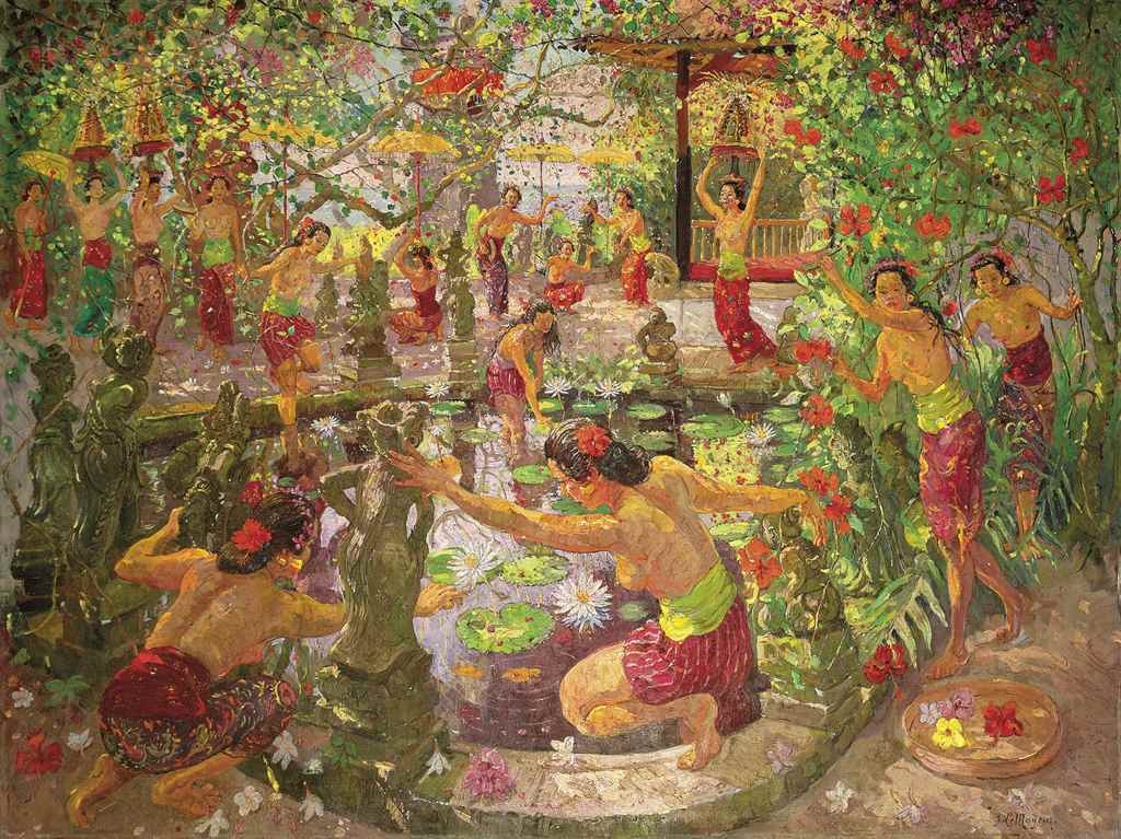 Artwork by Adrien Jean Le Mayeur de Merprés, Women Around the Lotus Pond, Made of oil on canvas in the original hand-carved Balinese frame