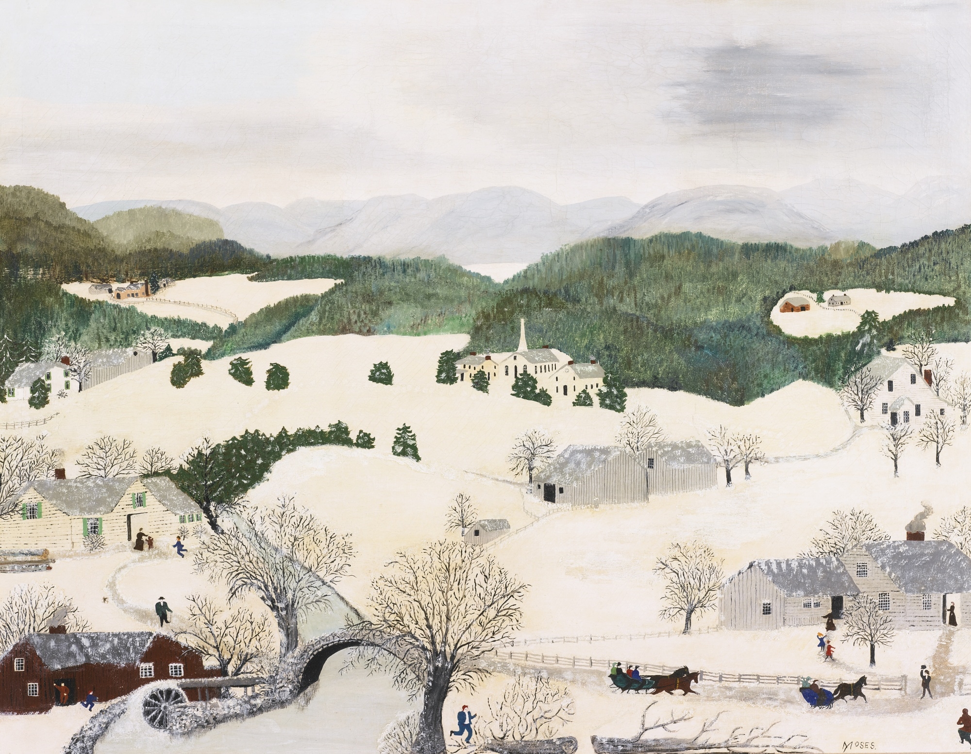 Artwork by Grandma Moses, WINTER (OVER THE RIVER TO GRANDMA'S HOUSE), Made of oil on canvas