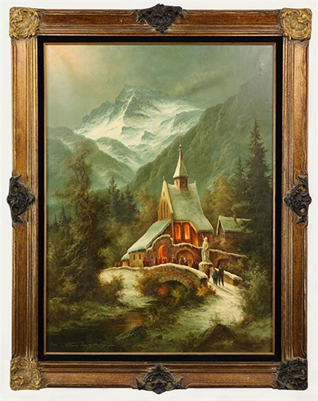 Mountain Landscape with Church by Ludwig Muninger