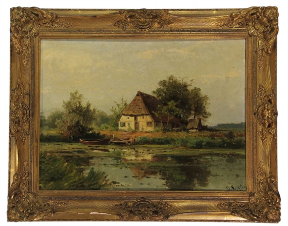 Landscape with a farmhouse along a river by Gustav Meissner