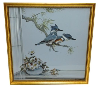 Two blue jays on a branch outside a window with a small vase of blossoms on a windowsill beneath them - M.W. Downes