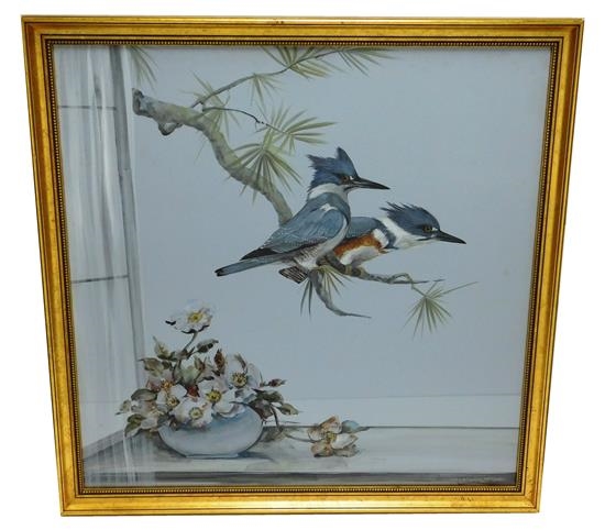 Two blue jays on a branch outside a window with a small vase of blossoms on a windowsill beneath them by M.W. Downes