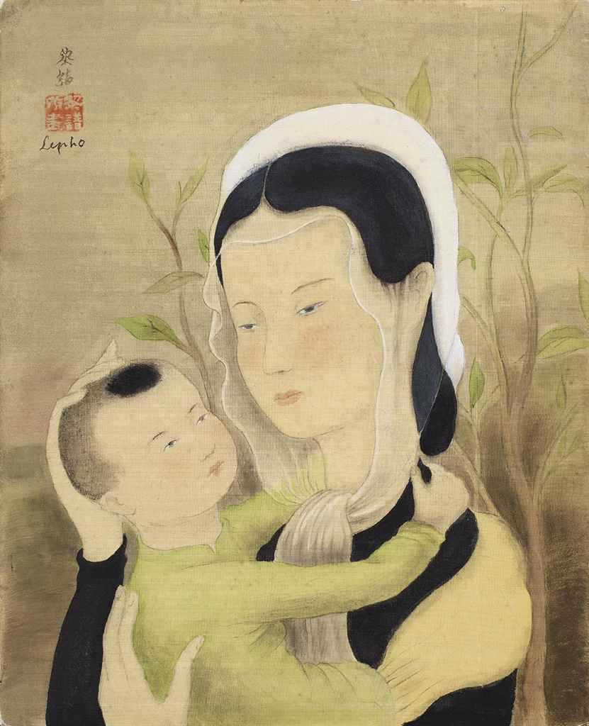 Artwork by Lê Phổ, Maternité, Made of ink and gouache on silk