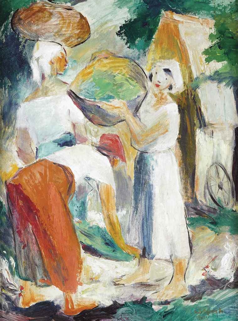 Artwork by Anita Magsaysay-Ho, Women at the Market, Made of egg tempera on board