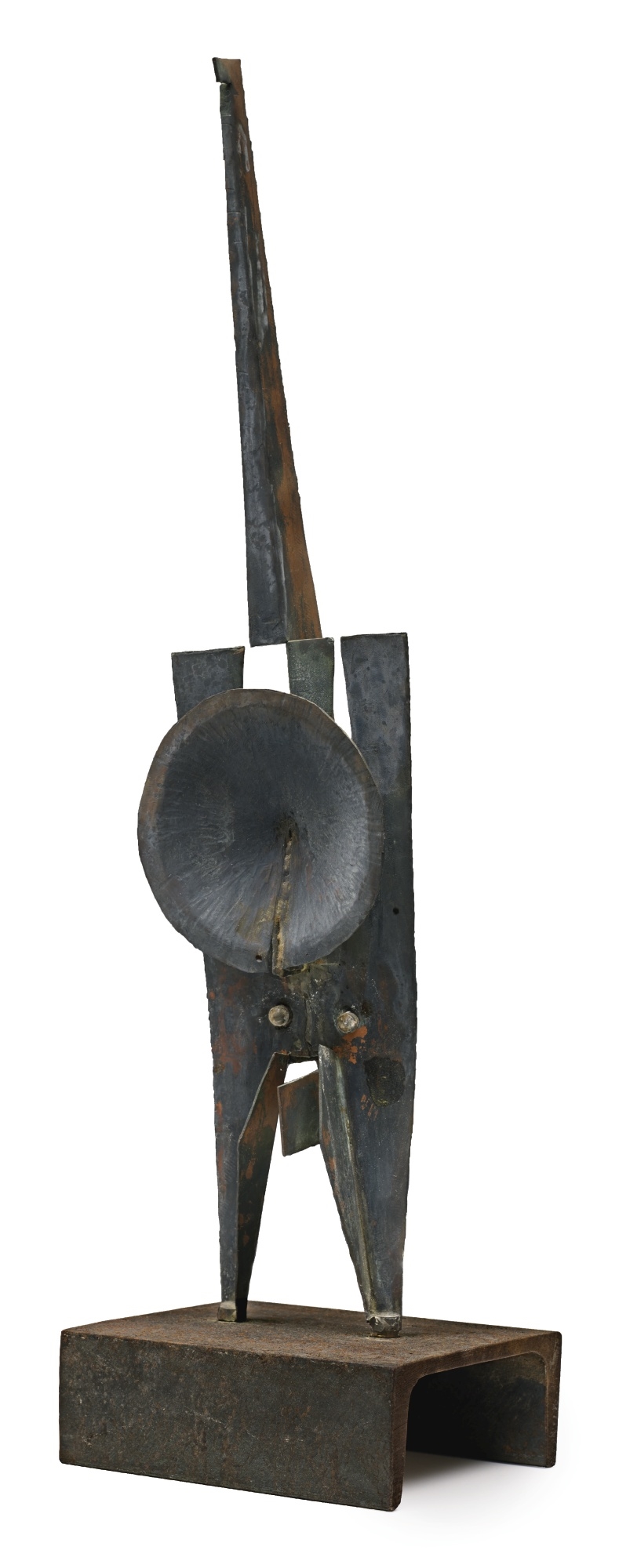 Artwork by Eugen Häfelfinger, SEKUNDANT, Made of painted copper and screws on an iron pedestal