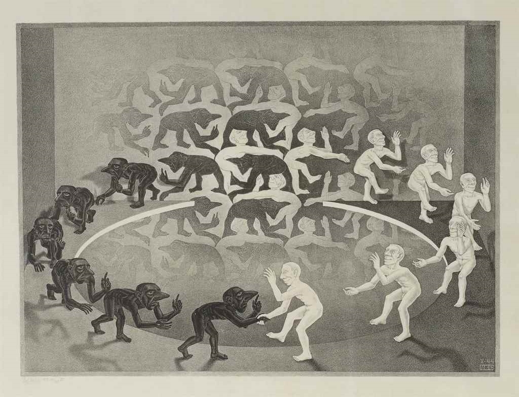 Artwork by Maurits Cornelis Escher, Encounter (B. 331), Made of lithograph