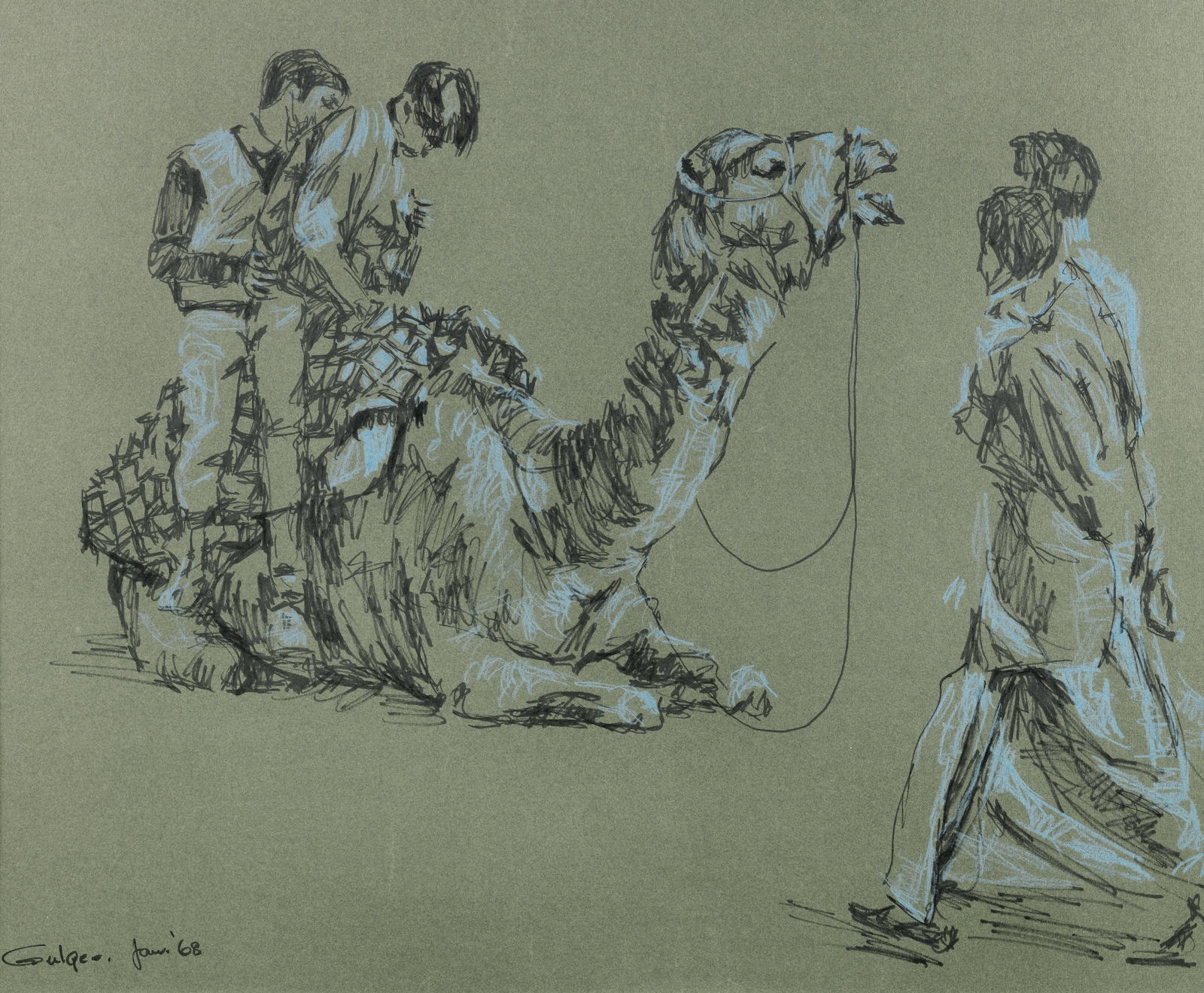 Artwork by Ismail Gulgée, Untitled (Two boys on a camel), Made of Pastel on paper
