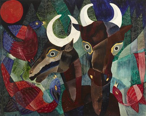 Basil Ivan Rakoczi | NOCTURNAL SCENE WITH GOATS AND BIRDS | MutualArt