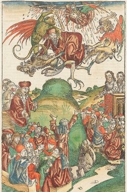 La Naissance d’Ève ; Adam et Ève ; L’Adoration du Veau d’or ; Scène du Jugement dernier. Pl. de la Chronique de Nuremberg by Michael Wolgemut, 1493