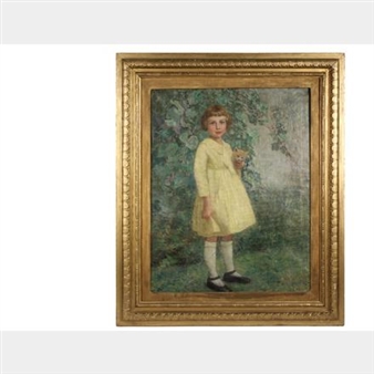 Young Red-Haired Girl in a Yellow Pinafore Holding Her Tabby Kitten - Charles Allen Hulbert