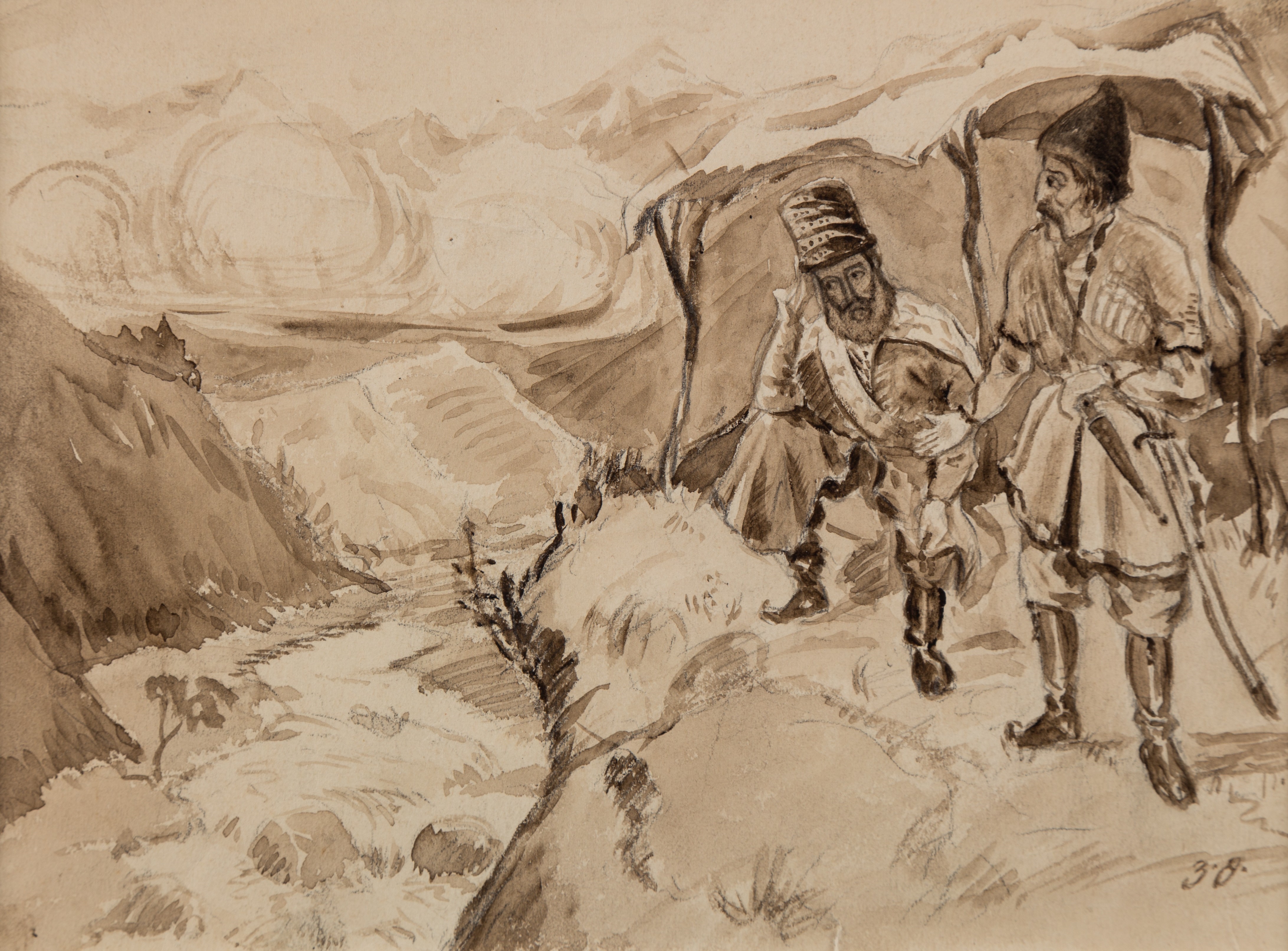 Artwork by Lado Davidovich Gudiashvili , A Scene in the Mountains, Made of Ink wash and pencil on paper