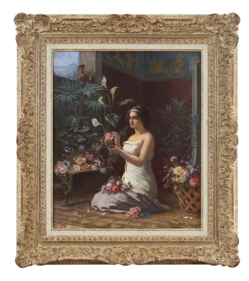 Jeune femme préparant un bouquet de fleurs by Auguste Raynaud, 1905