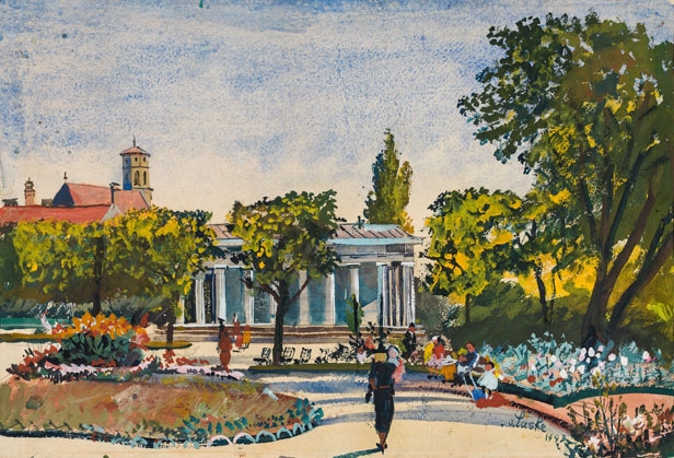 Artwork by Oskar Laske, In the Volksgarten in Vienna, Made of Watercolour, gouache on paper