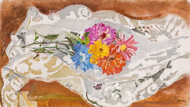 Still life with flowers and lace doily by Max Oppenheimer, Circa 1935