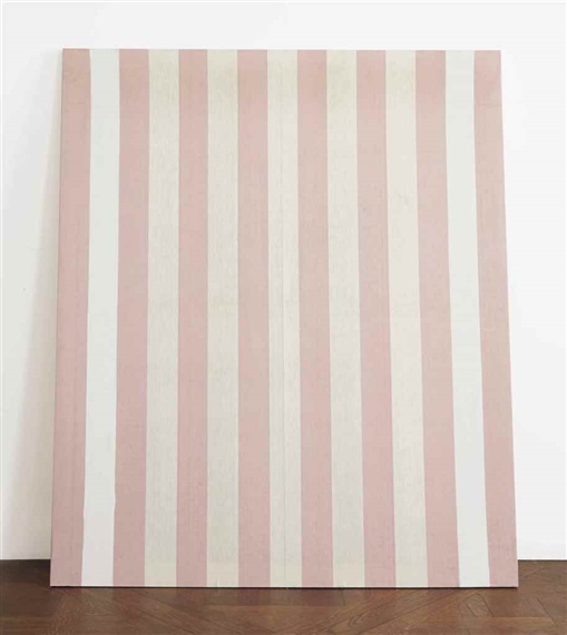 Peinture acrylique blanche sur tissu rayé blanc et rouge by Daniel Buren, 1971