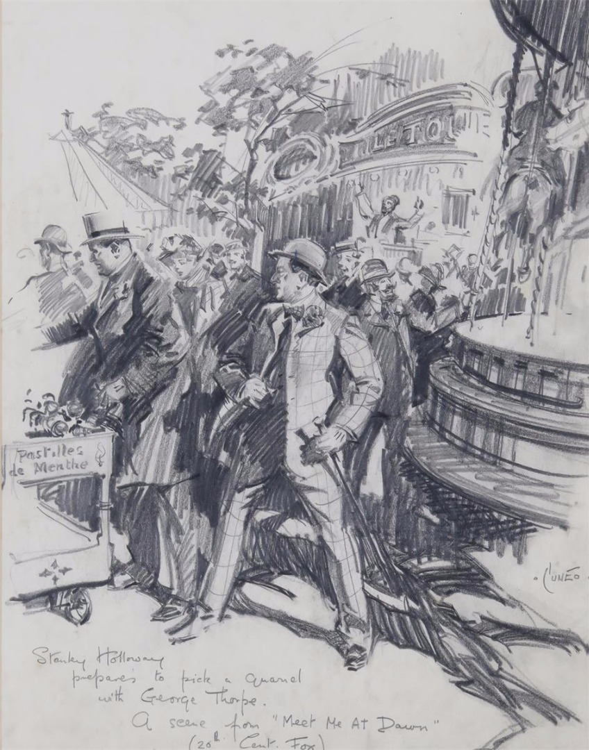 Artwork by Terence Cuneo, Stanley Holloway prepares to pick a quarrel with George Thorpe, Made of Pencil