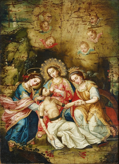 Saint Domenicus and three female saints by South American School, 18th Century, circa 1750