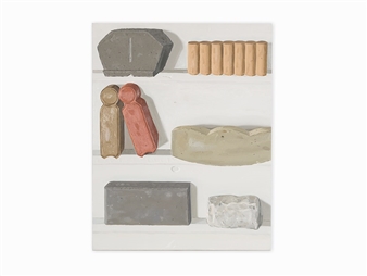 A still life arrangement of ceramic and clay objects displayed on white shelves.
