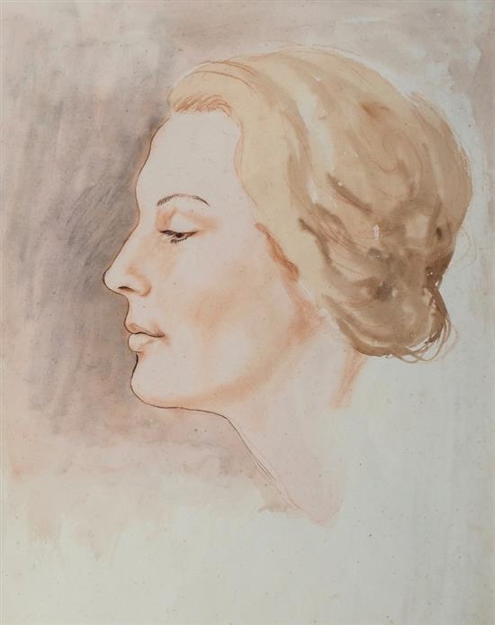 Artwork by Imre Goth, Head study of a woman, Made of Ink, chalk and watercolour