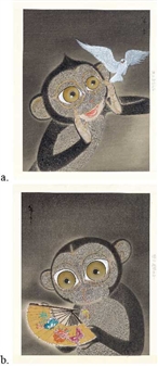 Two Works: Monkey and Bird and Monkey and Fan - Xiong Mingfei
