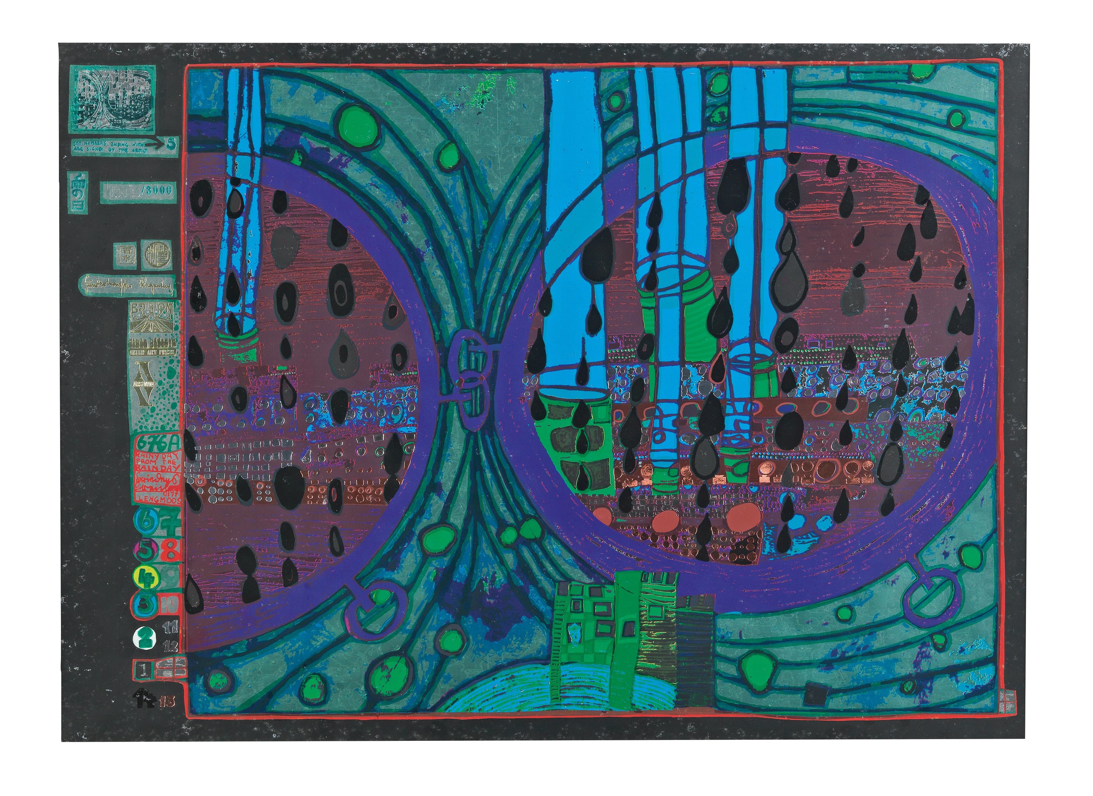 Artwork by Friedensreich Hundertwasser, rain on a rainy, Made of screen printing in color with metal stampings