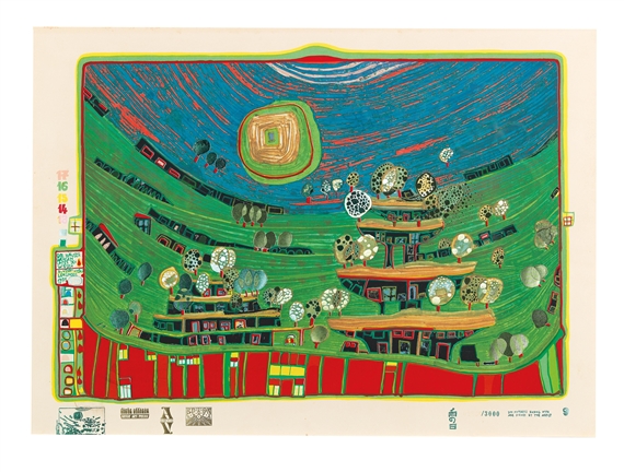 The houses are hanging underneath the meadows by Friedensreich Hundertwasser, 1971