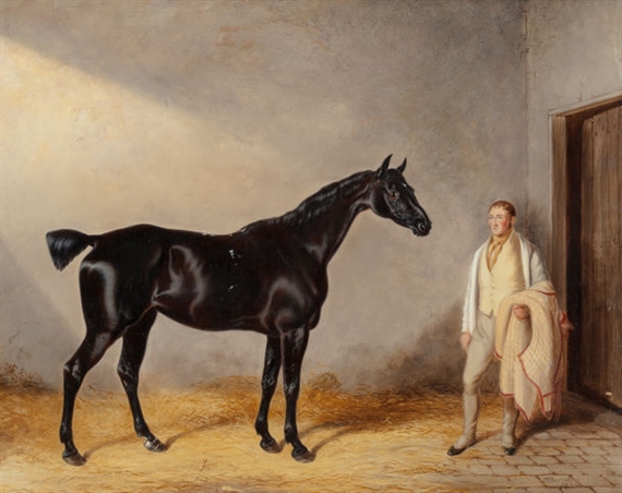 A dark bay hunter with a groom in a stable by William Barraud