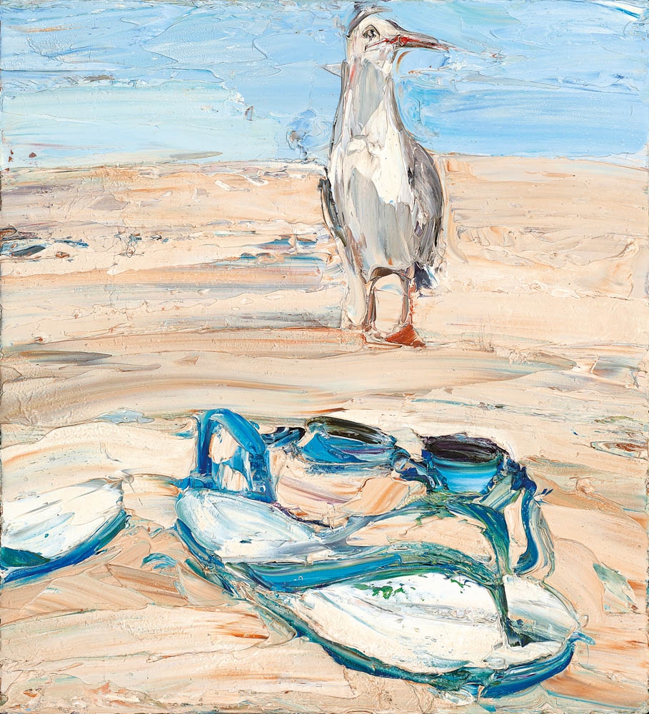 Artwork by Nicholas Harding, Beach Life (Thongs, Goggles and Gull), Made of oil on canvas