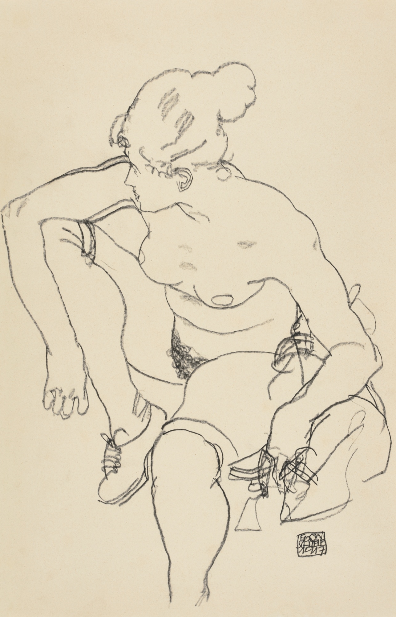 Artwork by Egon Schiele, FRAU SITZEND MIT SCHUHEN (WOMAN SEATED WITH SHOES), Made of black crayon on paper