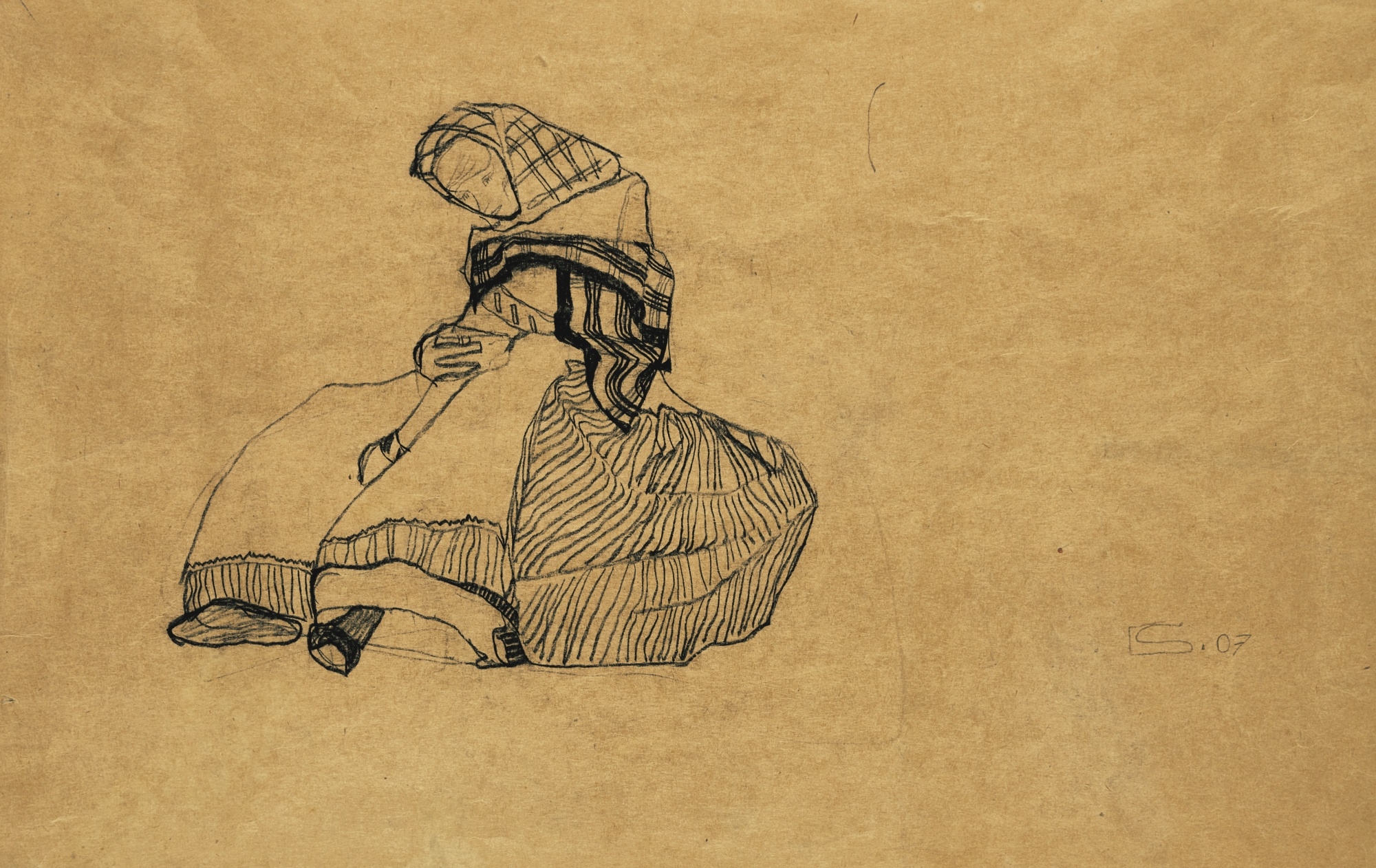 Artwork by Egon Schiele, SITZENDE BÄUERIN (SEATED PEASANT WOMAN) - RECTO STUDIE VON DÄCHERN (STUDY OF ROOFS) - VERSO, Made of charcoal on paper - recto & verso