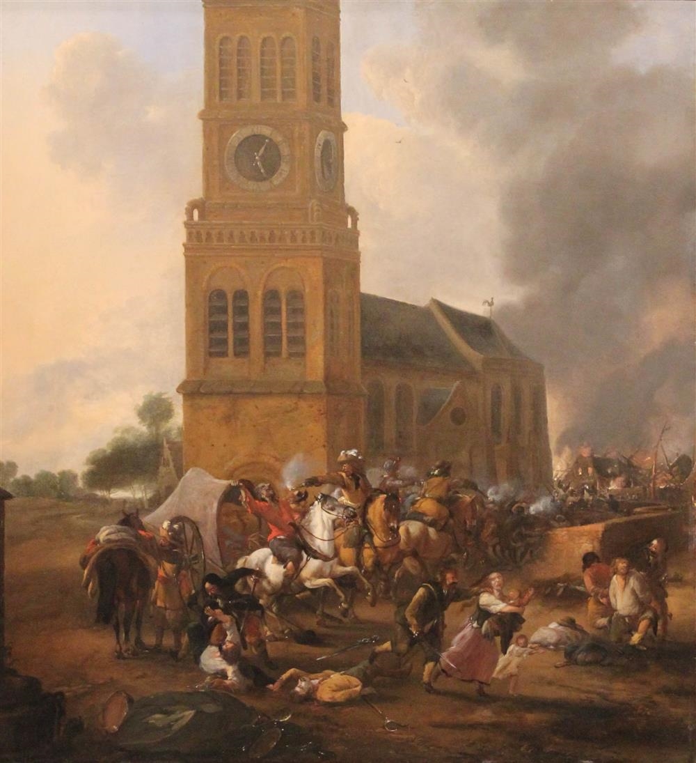 Artwork by Hendrick Verschuring, SKIRMISH INFRONT OF VILLAGE CHURCH, Made of Oil on panel