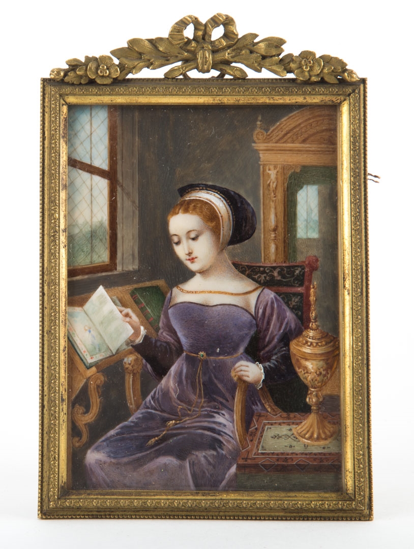 Artwork by British School, 19th Century, Lady Jane Grey reading in study, Made of gouache on ivory