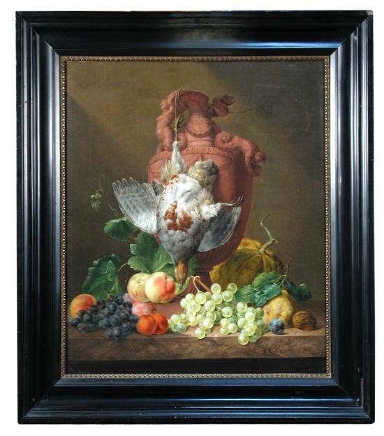 Artwork by Anthony Oberman, Still life of an English partridge hanging from a terracotta urn, with a melon, black and white grapes, peaches, apples, a pear, a plum and a walnut, Made of oil on canvas
