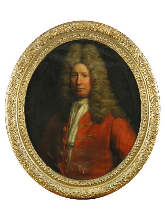Artwork by John Closterman, Portrait of a gentleman, head and shoulders, believed to be Daniel Wilson of Dallam Tower, Westmorland (1680-1754), in a red and gold braided jacket, white stock and high grey wig, Made of oil on canvas