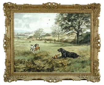 A Pheasant shoot - a springer spaniel and a black flat-coat retriever retrieving pheasants - Henry Wilkinson