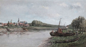The River Scheldt in Baasrode with Church and Ferry Bridge - Herman Bogaerd