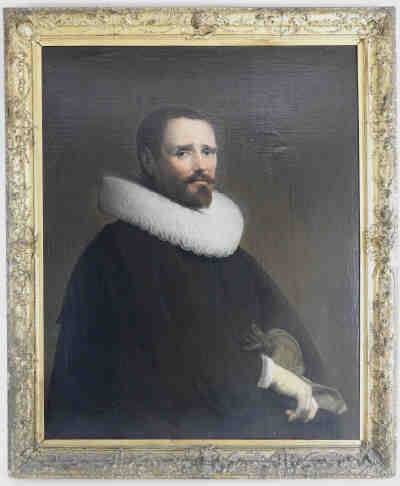 Portrait of a gentleman, half length wearing a white ruff and a black cape by Pieter Dubordieu
