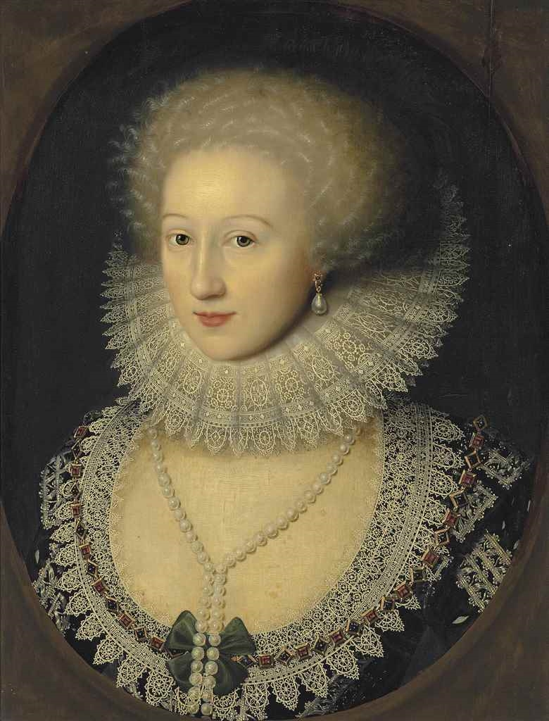Artwork by William Larkin, Portrait of a lady, bust-length, in a black dress with a reticella lace neckline and a cartwheel ruff, with a pearl necklace and earrings, in a feigned oval, Made of oil on panel