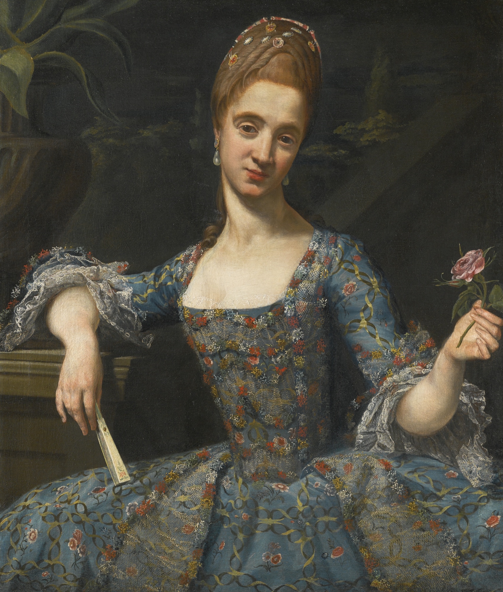 PORTRAIT OF A LADY IN AN ELABORATELY EMBROIDERED BLUE DRESS by Giuseppe Baldrighi