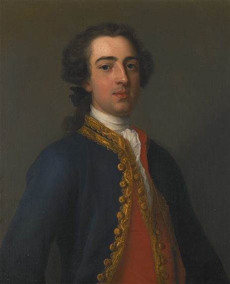 PORTRAIT OF A GENTLEMAN, HALF-LENGTH, IN A BLUE COAT AND RED WAISTCOAT WITH GOLD BROCADE by Enoch Seeman