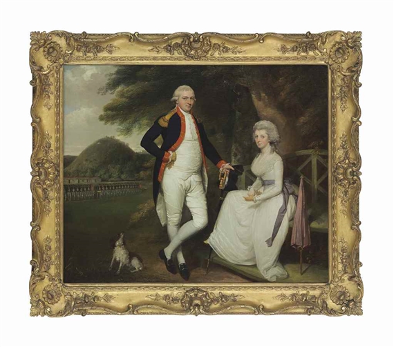 Double portrait of Lieutenant-Colonel William Sydenham (1752-1801), small full-length, in officer’s uniform, and his wife Amelia, in a white dress, in an Indian landscape with units of the Madras artillery drawn up on parade, St. Thomas’s Mount, Madras beyond by Robert Home
