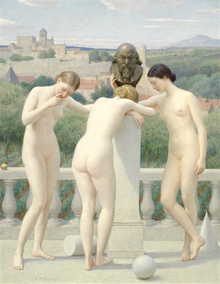 Three nudes in a classical landscape by John Bulloch Souter